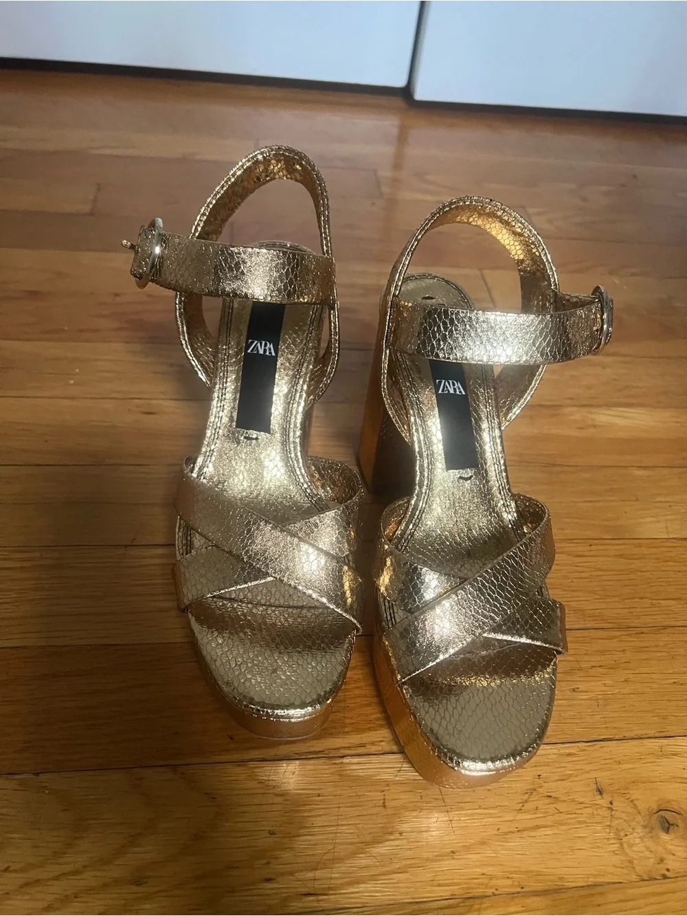 Zara Metallic Gold Platform Ankle-Strap Heels